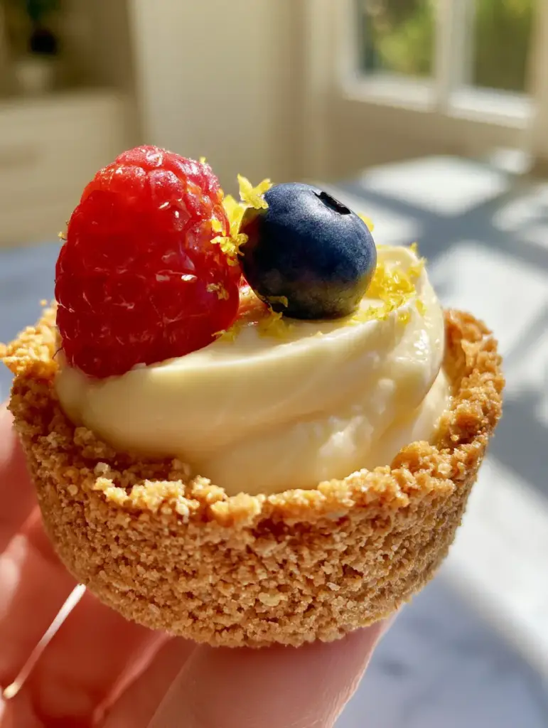No-Bake Lemon Cheesecake Tarts with Buttery Graham Cracker Crust 1 A single lemon cheesecake tart on a marble surface with natural light highlighting the bright yellow zest and glistening berries.
