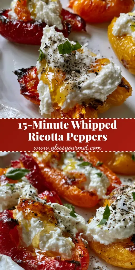A close-up shot of blistered mini bell peppers overstuffed with cloud-like whipped ricotta cheese, drizzled with honey and garnished with basil. (ricotta stuffed peppers)