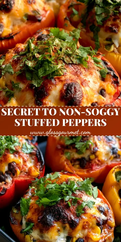 Stuffed Bell Peppers with Rice & Veggies: A Vibrant Rainbow Vegetarian Masterpiece 4 Three rainbow-colored Stuffed Bell Peppers with Rice & Veggies topped with bubbly, toasted mozzarella and cheddar cheese in a black dish.