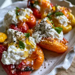 Macro photography of ruby red and golden yellow mini bell peppers roasted with charred edges and stuffed with whipped ricotta. (ricotta stuffed peppers)
