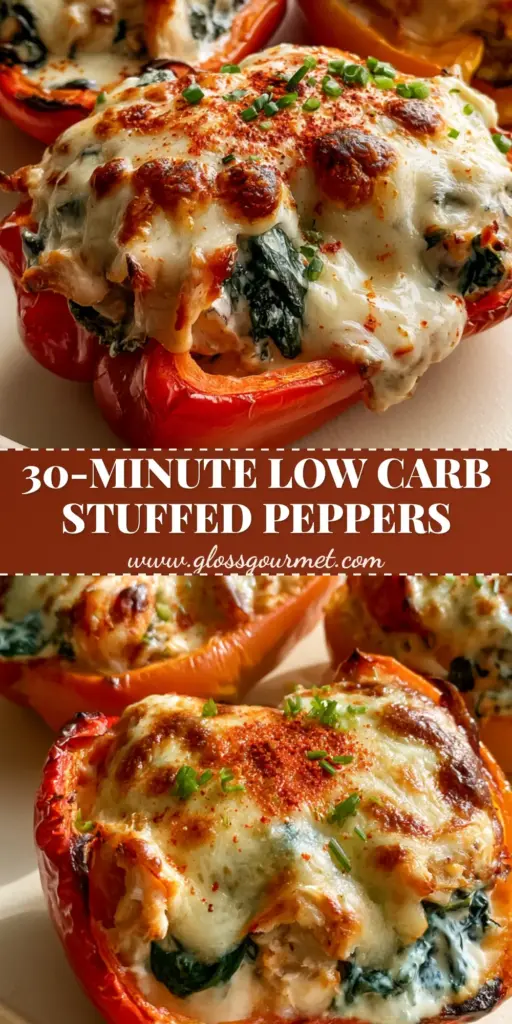 A handheld smartphone photo of three roasted red and orange spinach and chicken stuffed peppers with charred edges and bubbly mozzarella cheese on a rustic table.