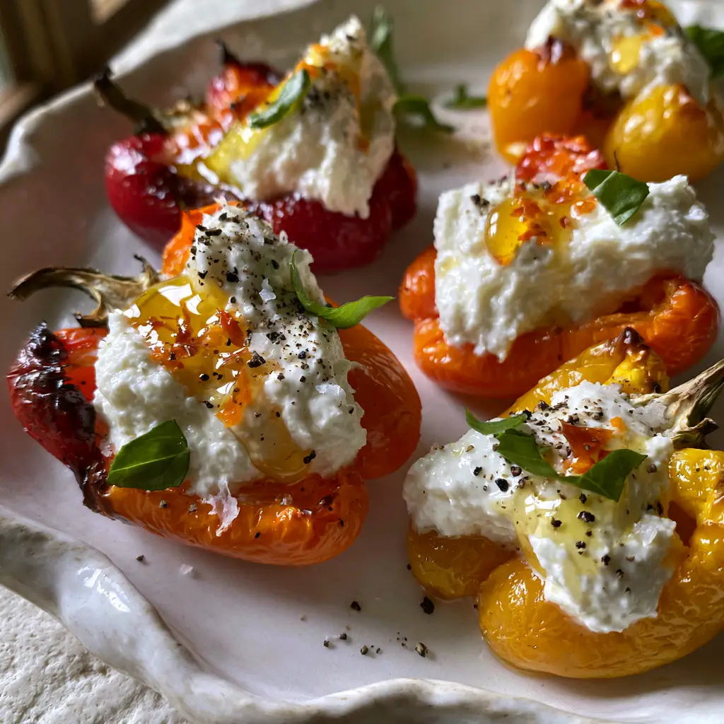 Close-up of whipped ricotta inside a roasted pepper, showing the glossy honey drizzle and flaky sea salt. (ricotta stuffed peppers)