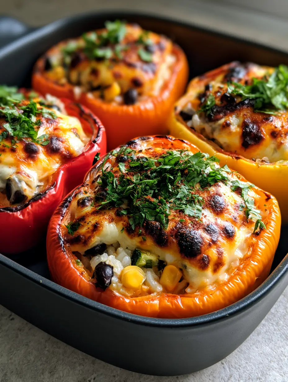 Stuffed Bell Peppers with Rice & Veggies: A Vibrant Rainbow Vegetarian Masterpiece 3 Close-up of blistered red and yellow Stuffed Bell Peppers with Rice & Veggies showing toasted cheese spots and fresh cilantro.