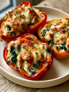Close up of vibrant red bell peppers stuffed with shredded seared chicken, sautéed spinach, and melted bubbly mozzarella with golden highlights. (spinach and chicken stuffed peppers)