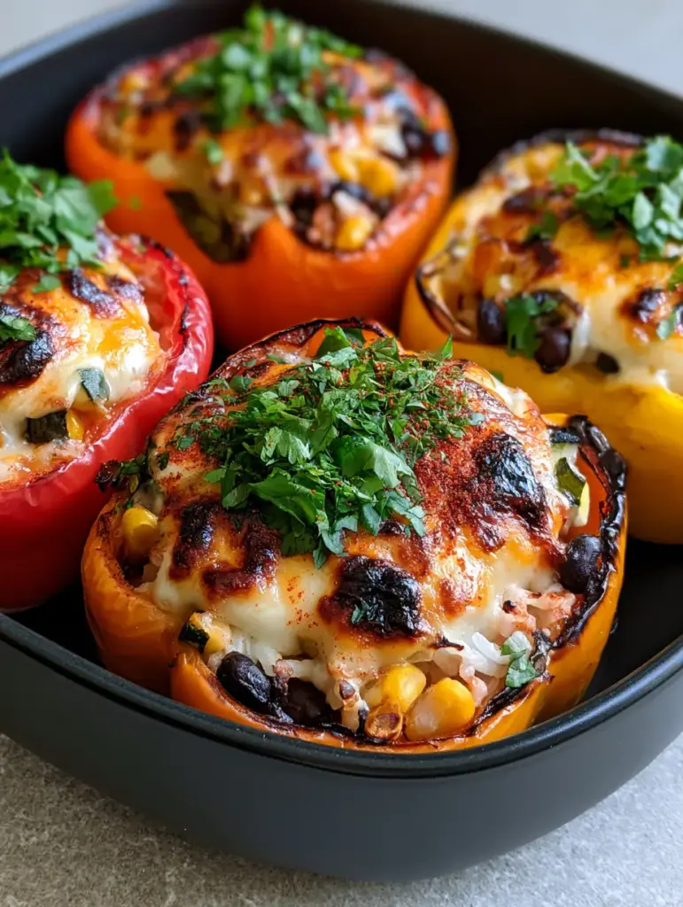 Stuffed Bell Peppers with Rice & Veggies: A Vibrant Rainbow Vegetarian Masterpiece 1 Stuffed Bell Peppers with Rice & Veggies showing the filling mosaic of beans, corn, and zucchini under a thick cheese layer.