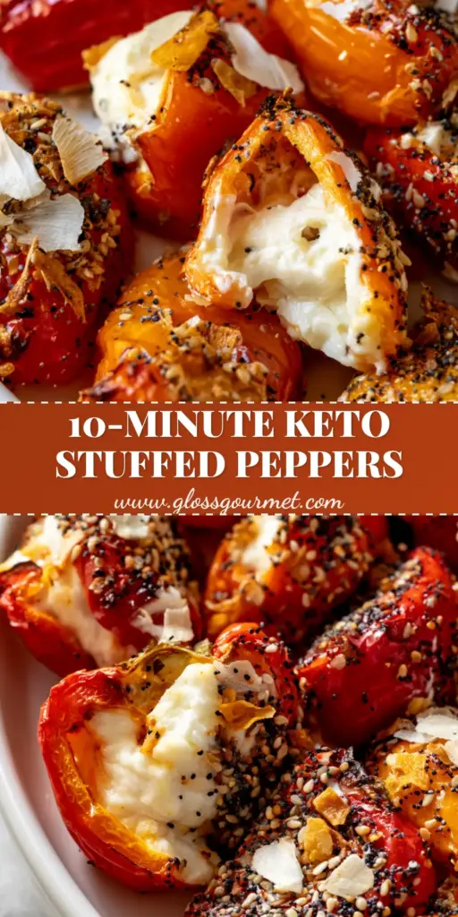 Cheese-Stuffed Mini Peppers: The Ultimate Air-Fried Everything Bagel Appetizer 3 A close-up of air-fried cheese-stuffed mini peppers with blistered skins and everything bagel seasoning on a white platter. (cheese-stuffed mini peppers)