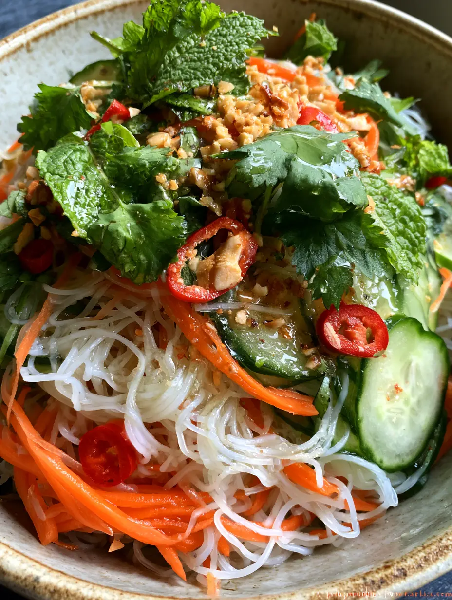 Handheld smartphone photo of a Vietnamese Rice Noodle Salad with translucent noodles and fresh herbs. (Vermicelli noodle salad)