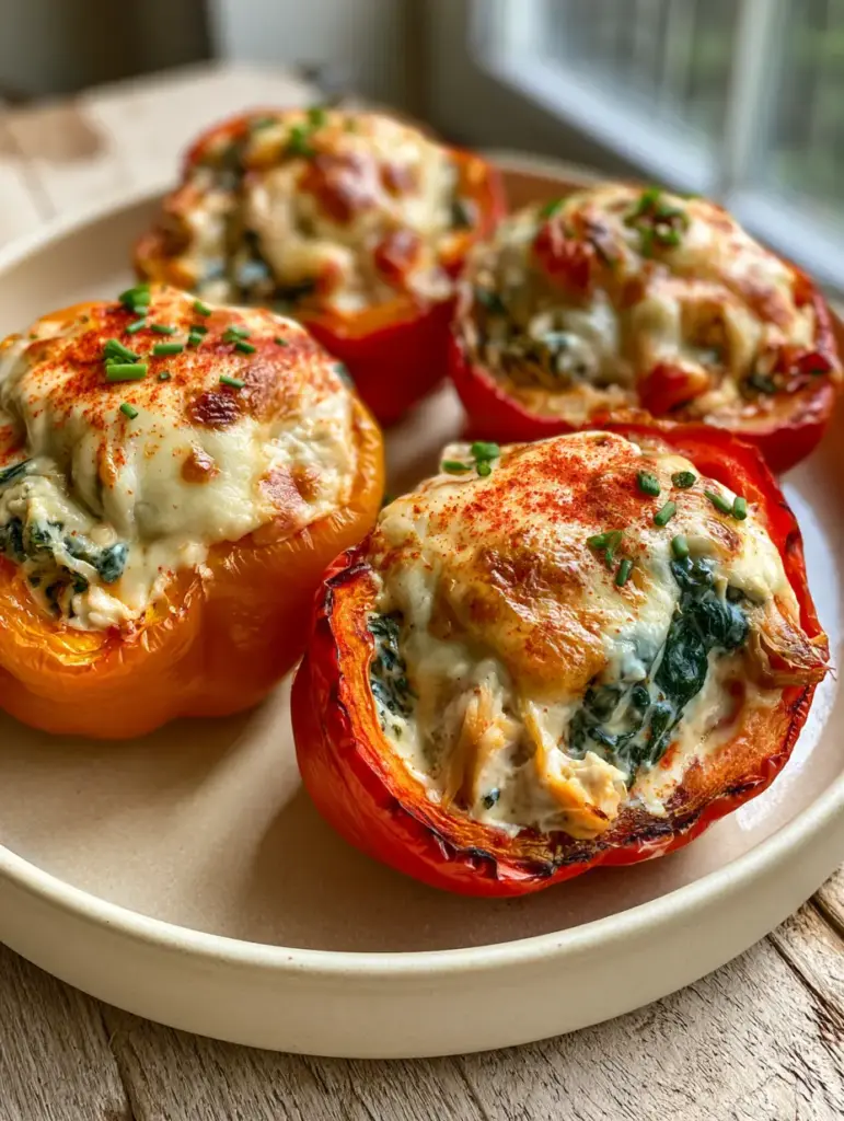 Roasted orange bell peppers with charred edges filled with succulent shredded chicken and velvety garlic sauce on a cream plate.