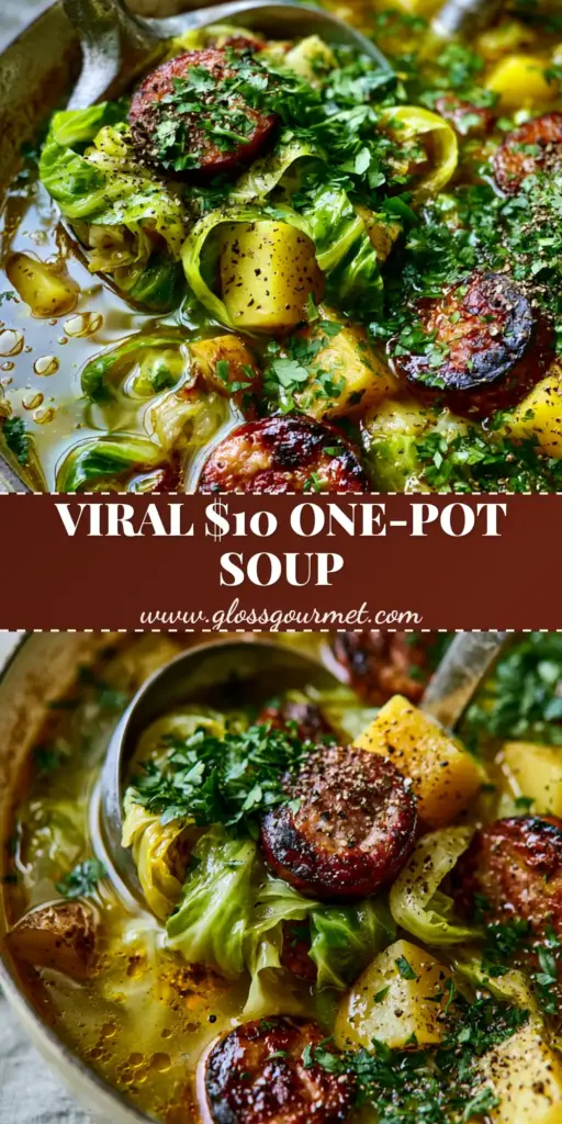 A rustic Dutch oven filled with Cabbage, sausage and potato soup featuring charred kielbasa coins, vibrant green cabbage ribbons, and golden broth with a silver ladle. (Cabbage, sausage and potato soup)