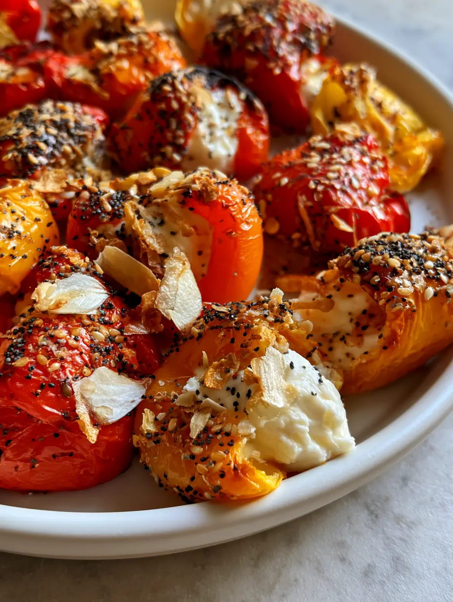 Cheese-Stuffed Mini Peppers: The Ultimate Air-Fried Everything Bagel Appetizer 4 High-angle shot of vibrant red, orange and yellow cheese-stuffed mini peppers with light char marks. (cheese-stuffed mini peppers)
