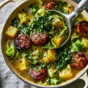 Overhead close-up of Cabbage, sausage and potato soup in a cream enameled pot with parsley garnish and black pepper. (Cabbage, sausage and potato soup)