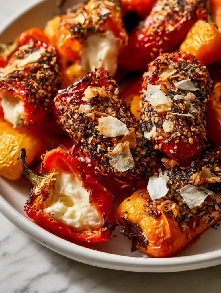 Cheese-Stuffed Mini Peppers: The Ultimate Air-Fried Everything Bagel Appetizer 1 A pepper sliced open to reveal steaming, melted cream cheese and a thick everything bagel seasoning crust.