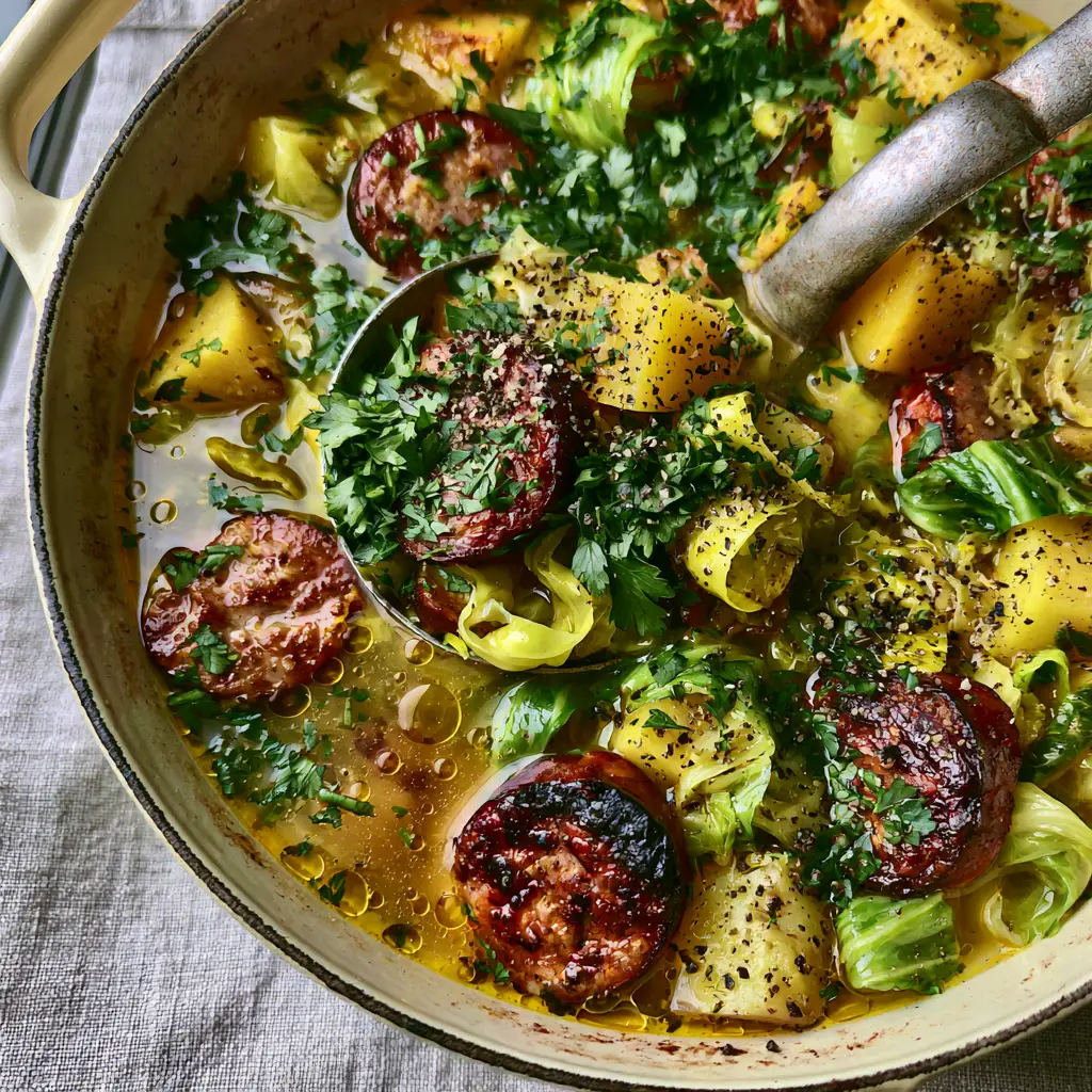A heavy-duty silver ladle lifting a heap of kielbasa, potatoes, and cabbage from a golden broth. (Cabbage, sausage and potato soup)