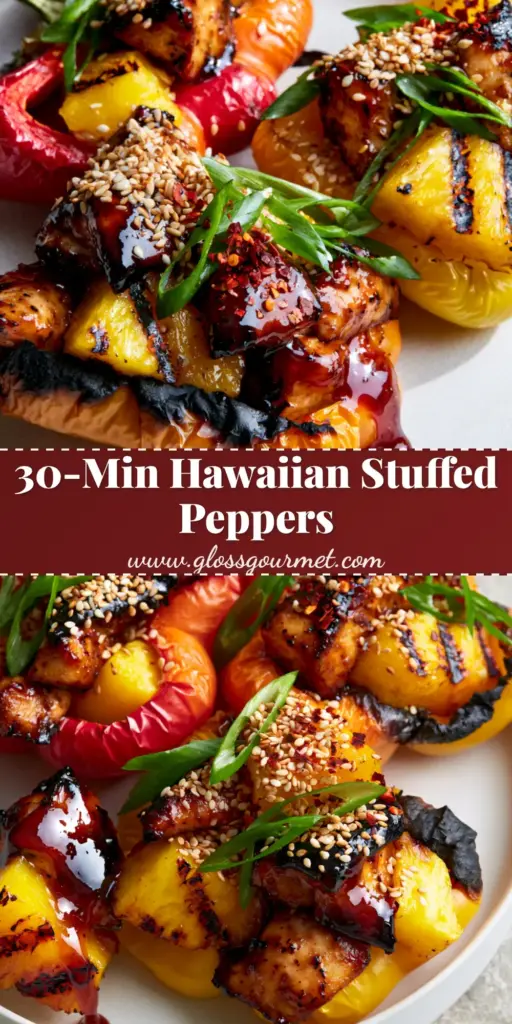 Teriyaki Pineapple Chicken Rice Stuffed Peppers: The Ultimate Sweet and Savory Fusion 3 A close-up of three vibrant bell pepper halves (red, orange, and yellow) stuffed with glistening teriyaki chicken and charred pineapple chunks. (Teriyaki Pineapple Chicken Rice Stuffed Peppers)