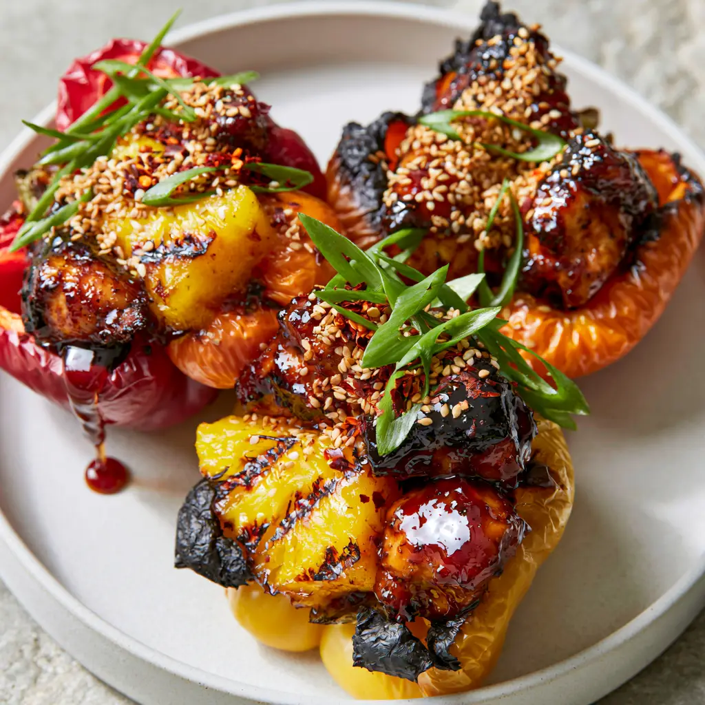 Teriyaki Pineapple Chicken Rice Stuffed Peppers: The Ultimate Sweet and Savory Fusion 2 Top-down view of Teriyaki Pineapple Chicken Rice Stuffed Peppers on a white ceramic plate with scallions and sesame seeds. (Teriyaki Pineapple Chicken Rice Stuffed Peppers)