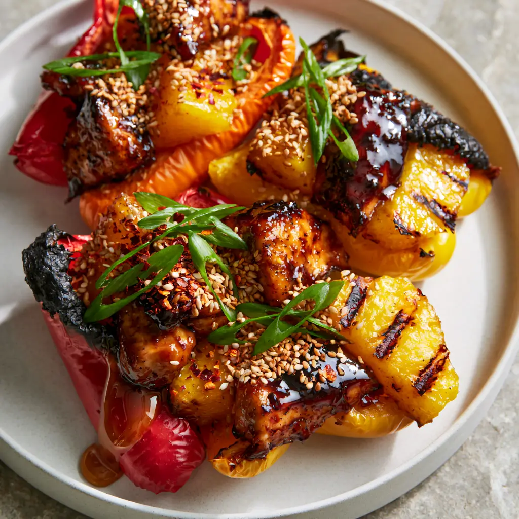 Teriyaki Pineapple Chicken Rice Stuffed Peppers: The Ultimate Sweet and Savory Fusion 1 A 45-degree angle close-up showing the texture of charred pineapple and seared chicken chunks. (Teriyaki Pineapple Chicken Rice Stuffed Peppers)