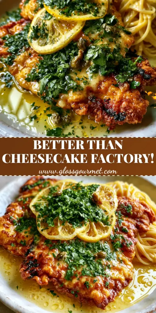 A close-up vertical shot of golden-brown egg-battered chicken with velvety lemon sauce, capers, and fresh parsley over linguine. (Chicken Francese Recipe)