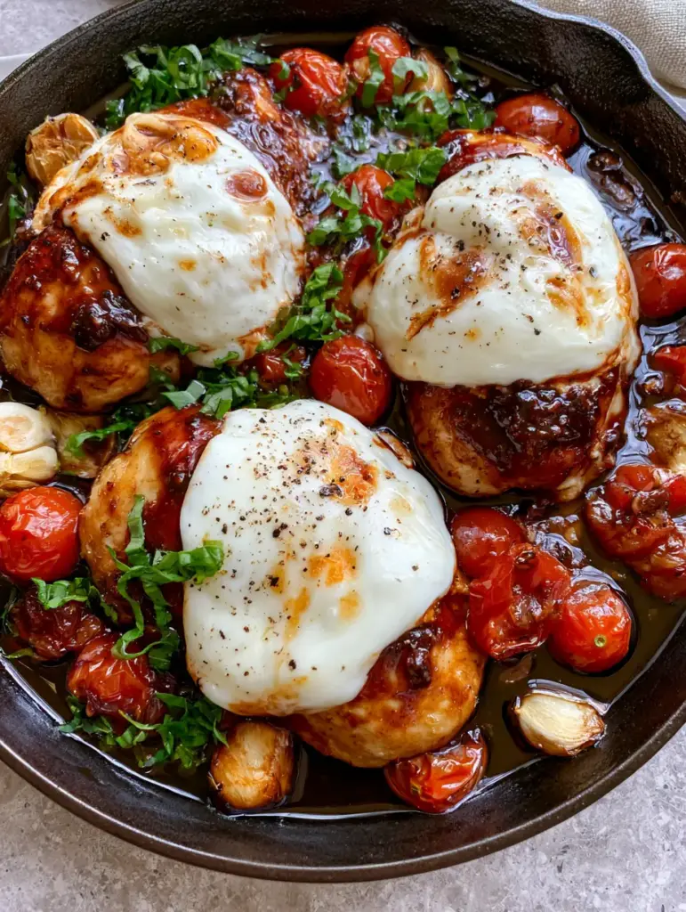 One Pan Balsamic Chicken with Melted Mozzarella and Blistered Tomatoes 1 Detailed shot of bubbling mozzarella cheese with toasted spots over balsamic glazed chicken in a cast iron pan. (One Pan Balsamic Chicken)