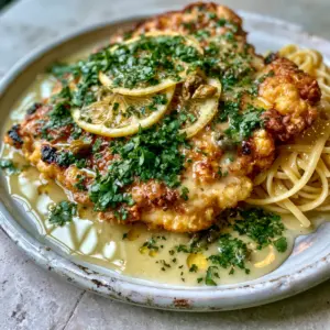 Hero shot of golden-brown egg-battered chicken breast fillets with a translucent lemon butter sauce and parsley. (Chicken Francese Recipe)