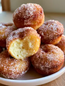 Macro shot of Donut Mini Muffins piled on a minimalist ceramic dish showing the sparkling sugar texture.