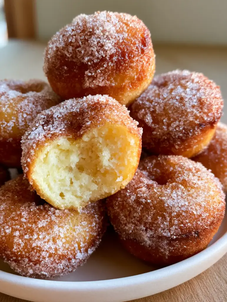 Donut Mini Muffins: The Ultimate Easy Cinnamon Sugar Recipe 2 Macro shot of Donut Mini Muffins piled on a minimalist ceramic dish showing the sparkling sugar texture.