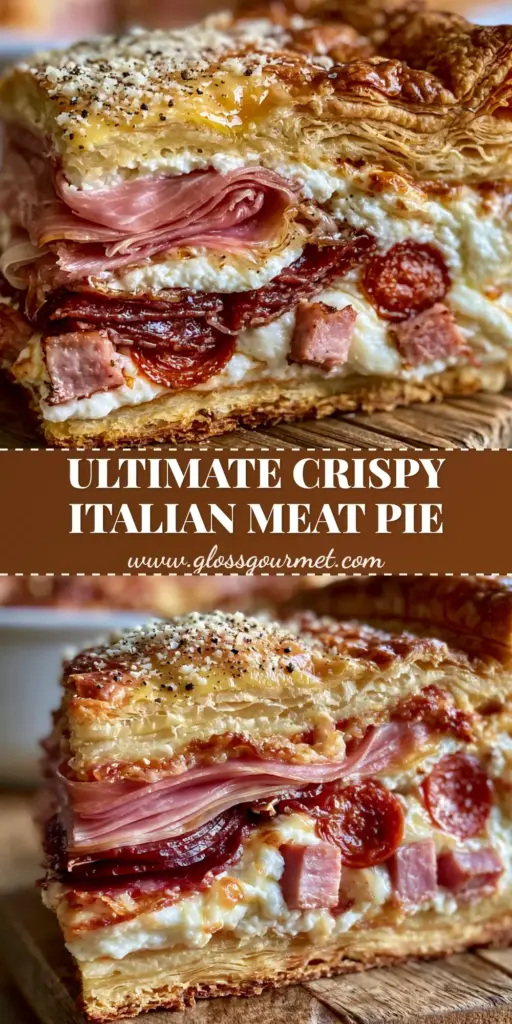 A towering vertical slice of Italian meat pie showing layers of pink prosciutto, red salami, and white ricotta cheese in a golden crust. (Italian meat pie)