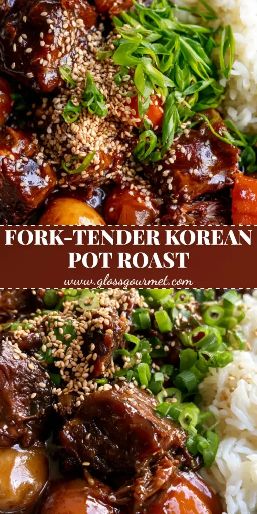 A rustic dark stoneware bowl filled with tender Korean Pot Roast, glistening mahogany glaze, whole baby potatoes, and jasmine rice. (Korean Pot Roast)