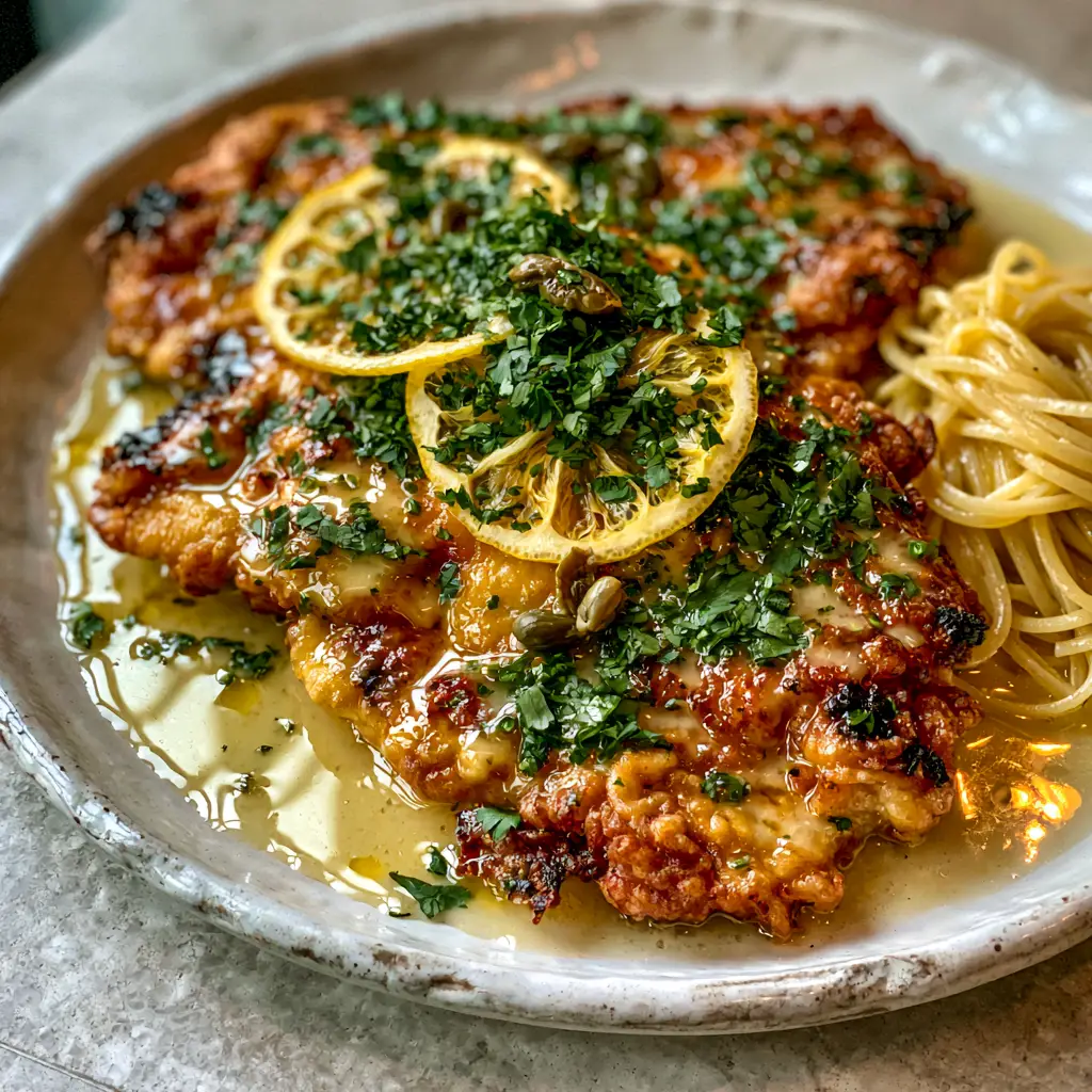 Detailed view of translucent lemon butter sauce droplets on egg-battered chicken with capers and lemon slices.