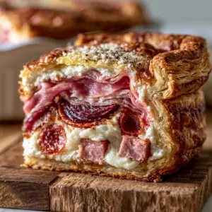 Close up of a thick vertical slice of Pizza Rustica showing clean layers of salumi and creamy ricotta. (Italian meat pie)