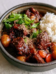 Close up photo of chunky pieces of beef chuck roast coated in a thick, glistening mahogany-colored umami glaze. (Korean Pot Roast)