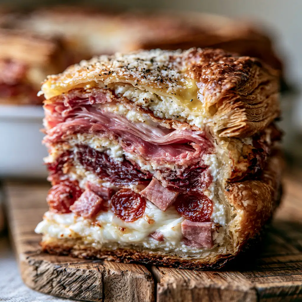 The flaky, golden brown top crust of an Italian meat pie with egg wash sheen and black pepper.