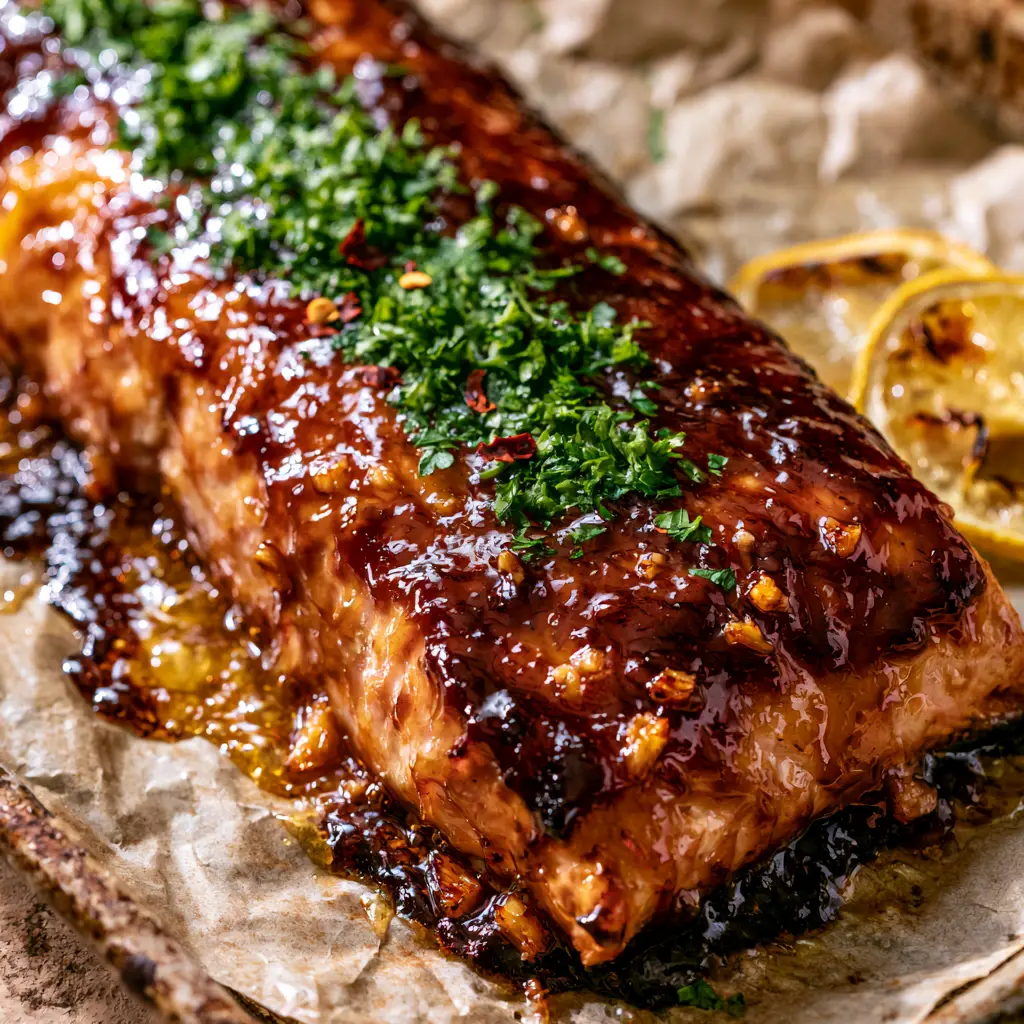Honey Garlic Baked Salmon: The Ultimate Sticky, Caramelized Masterpiece 2 Close-up of caramelized honey garlic glaze bubbling on a baked salmon fillet with toasted garlic bits. (Honey Garlic Baked Salmon)