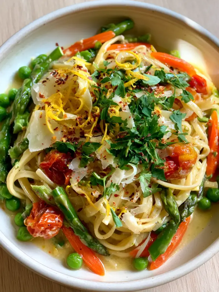 Overhead view of Pasta Primavera garnished with shaved parmesan, lemon zest curls, and parsley.