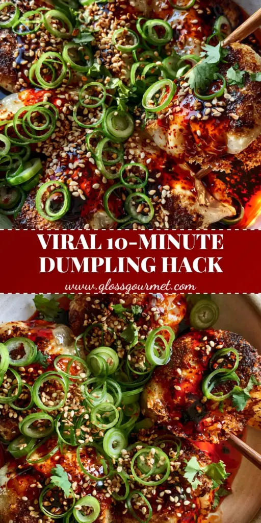 Steamed Dumplings with a Crispy Golden Crust and Spicy Chili-Balsamic Glaze 4 A close-up shot of six Steamed Dumplings in a bowl with vibrant red chili oil, green scallions, and sesame seeds.