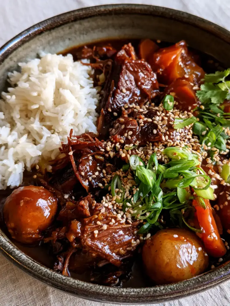 A perfect home-cooked Korean Pot Roast served in a stoneware bowl with steaming jasmine rice and fresh scallions.