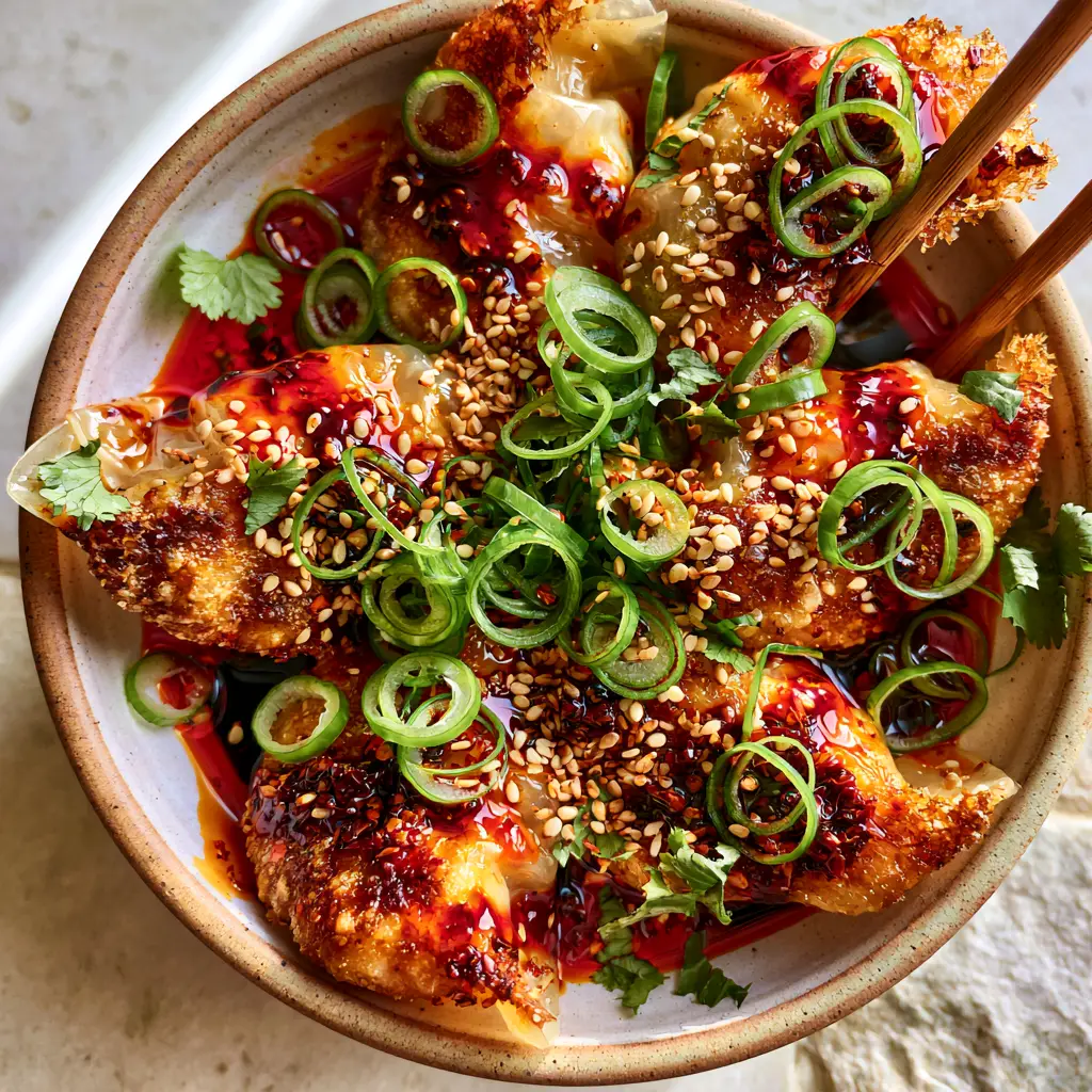 Steamed Dumplings with a Crispy Golden Crust and Spicy Chili-Balsamic Glaze 2 Top-down view of six Steamed Dumplings drizzled with crimson chili oil and garnished with cilantro.