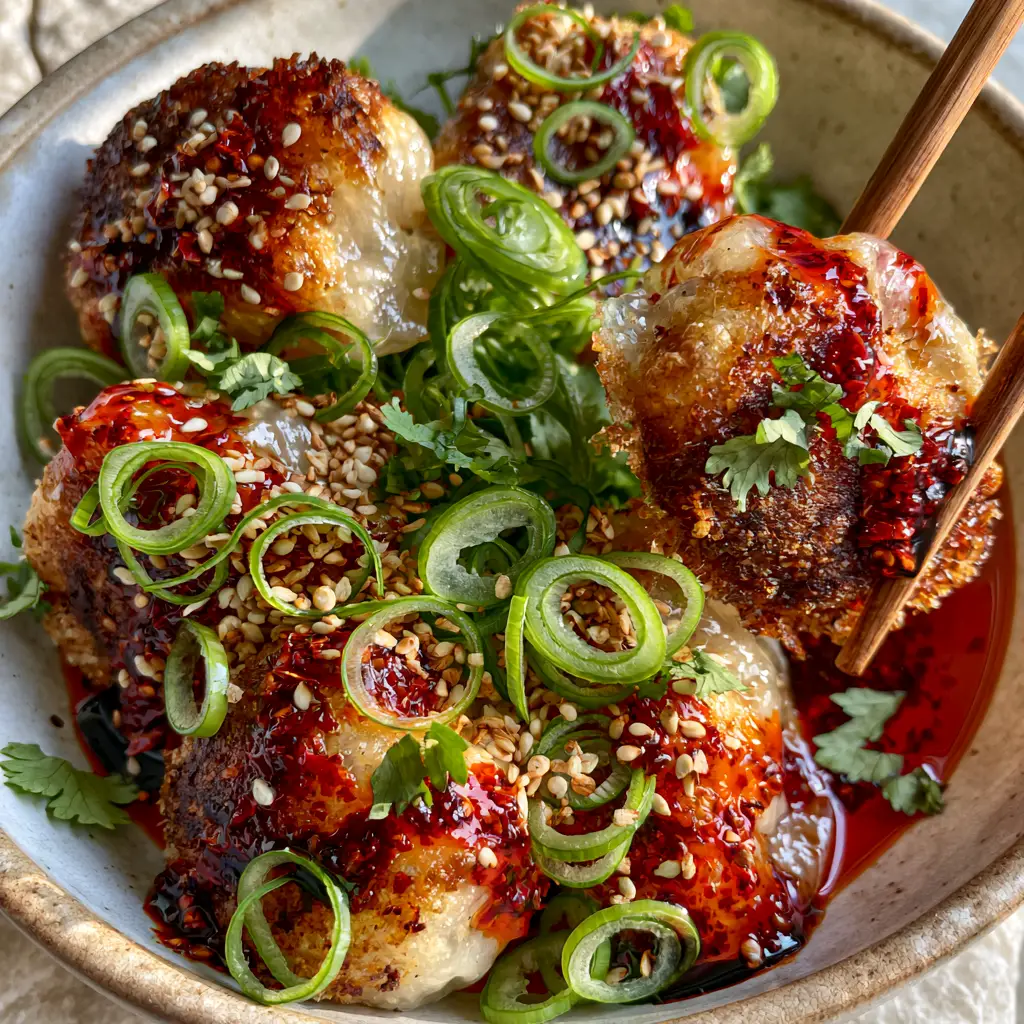 Steamed Dumplings with a Crispy Golden Crust and Spicy Chili-Balsamic Glaze 1 A single Steamed Dumpling lifted by wooden chopsticks to reveal the ultra-crispy golden crust.