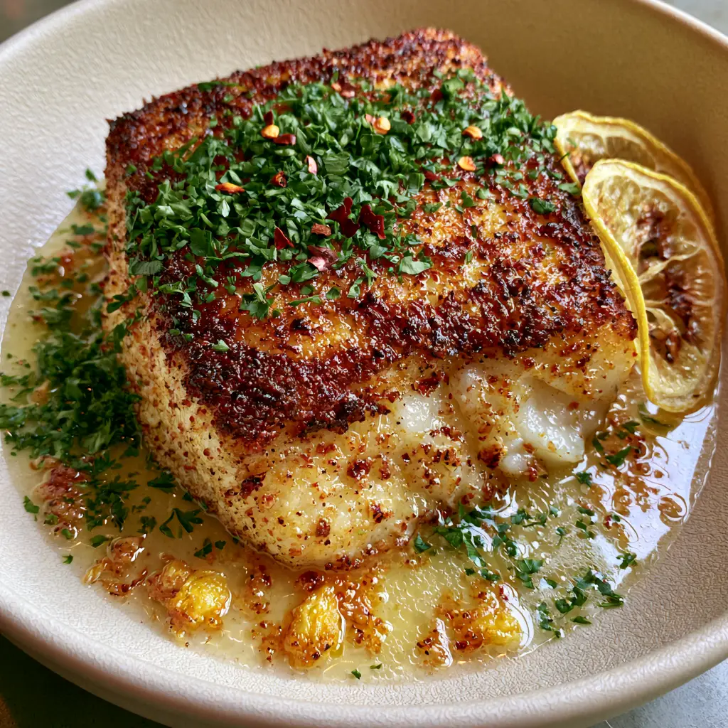 A thick fillet of Chilean sea bass showing moist, pearlescent white flakes and charred lemon garnish.