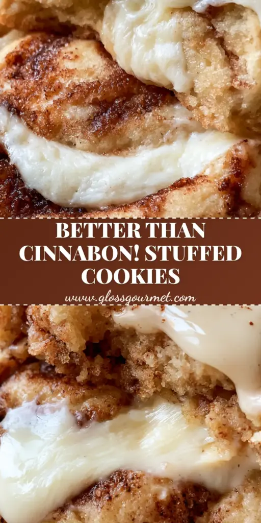 A thick cinnamon roll cheesecake cookie broken in half to reveal a molten cream cheese center with cinnamon sugar swirls and vanilla glaze. (cinnamon roll cheesecake cookies)