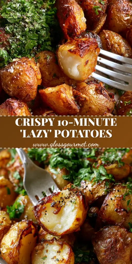 A rustic bowl of crispy roasted baby gold potatoes with charred garlic and fresh parsley. (Potato Side Dishes)