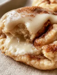 Extreme close-up of a soft golden brown cookie with dark mahogany cinnamon swirls and glossy white glaze. (cinnamon roll cheesecake cookies)