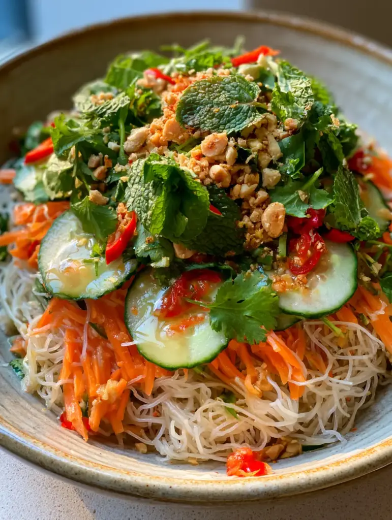 Close-up of clear lime-garlic dressing glistening on fresh mint and cilantro in a Vermicelli noodle salad.