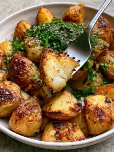Macro close-up of jagged crispy potato skins with charred garlic bits and sea salt. (Potato Side Dishes)