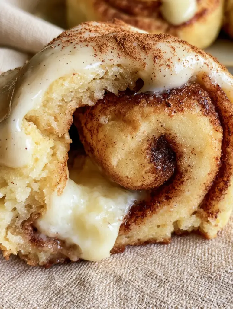Handheld photo showing a thick stuffed cookie with a creamy white cheesecake filling and vanilla bean drizzle.