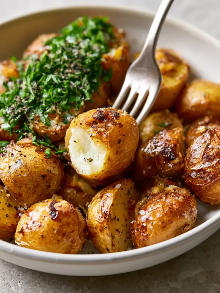 Silver fork lifting a steaming roasted potato to reveal a fluffy white interior. (Potato Side Dishes)