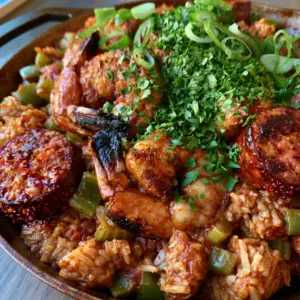 Close-up smartphone photo of individual grains of rice and seared andouille sausage in a jambalaya recipe. (jambalaya recipe)