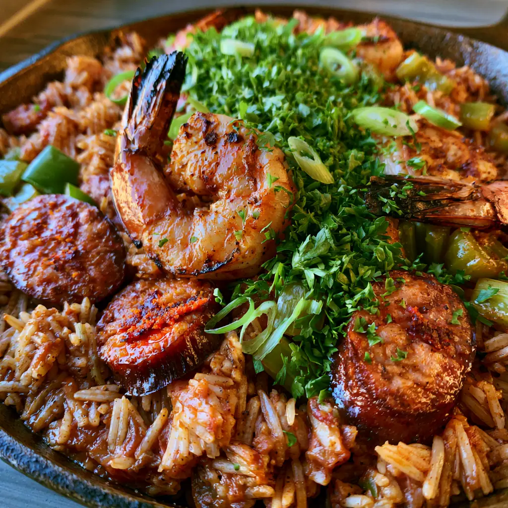 Jumbo shrimp with charred tails resting on a bed of Creole-style rice and green peppers. (jambalaya recipe)