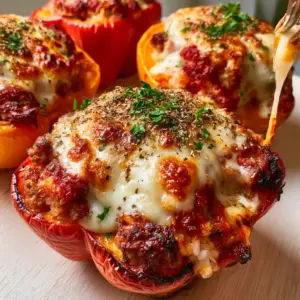 Top-down view of four vibrant red and orange bell peppers overflowing with ground beef and fluffy rice, topped with melted mozzarella and toasted golden spots. (cheesy ground beef stuffed peppers)