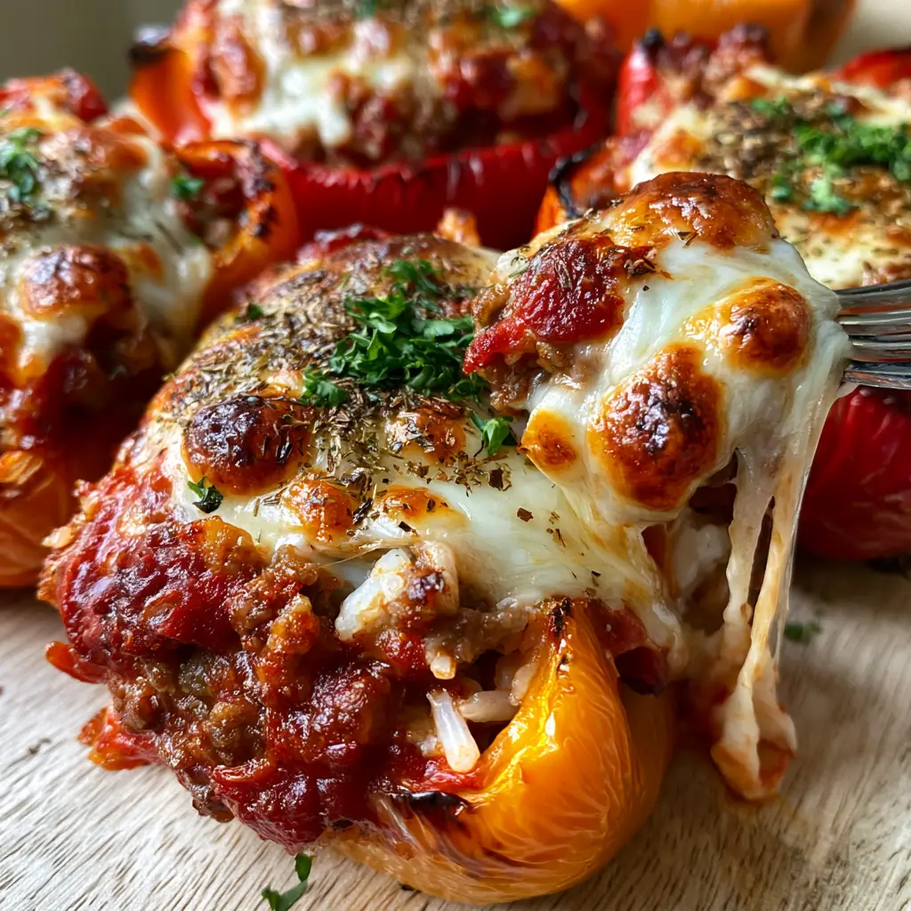Extreme detail of toasted cheese bubbles and dried Italian herbs on top of a savory beef filling. (cheesy ground beef stuffed peppers)