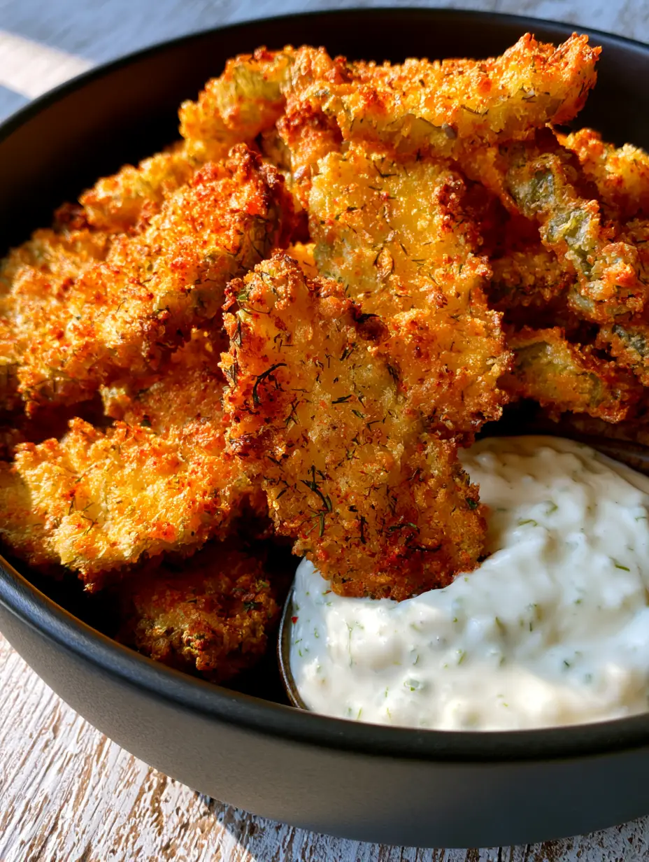 Dill Pickle Chips: The Ultimate Air-Fried Shatter-Crisp Guide 3 Handheld photo of golden-brown Dill Pickle Chips in a matte black bowl showing jagged crispy edges and smoked paprika dust.